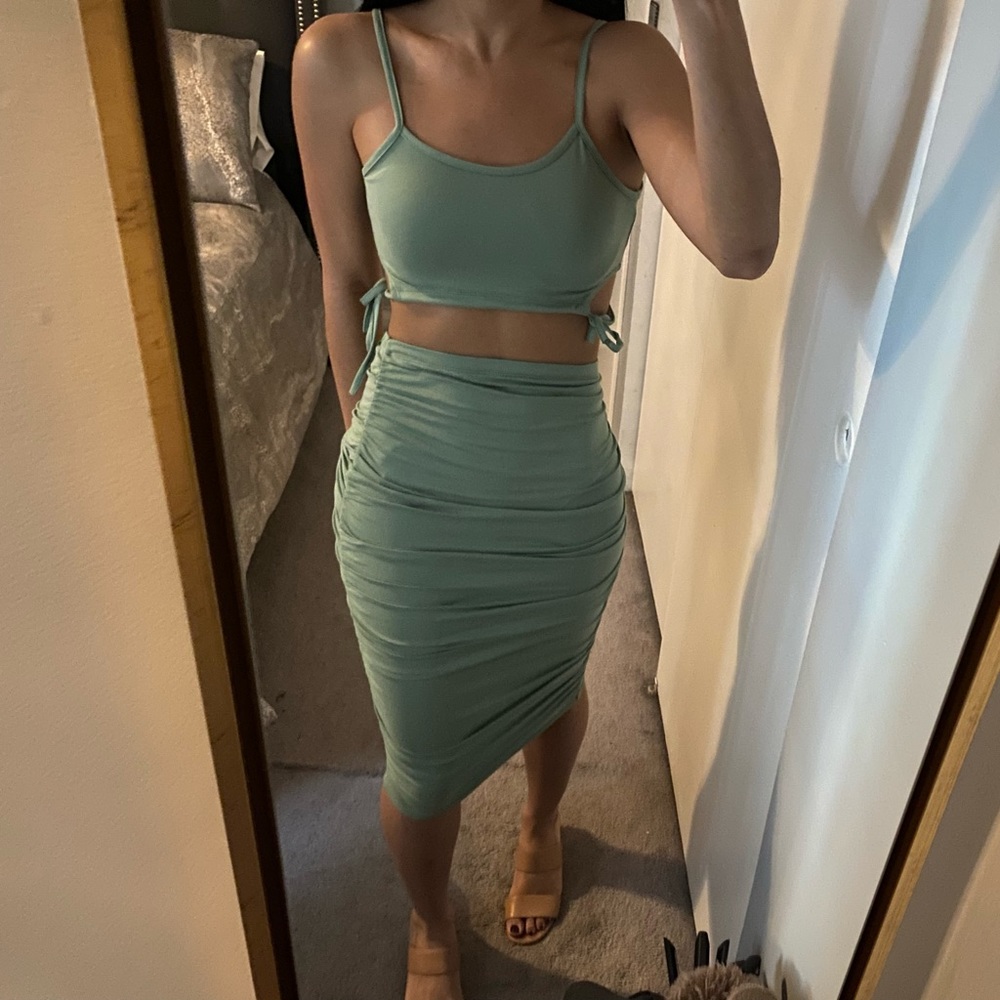 NEW "Be Mine" Sexy Green Cut-out Crop Top & Ruched Midi Skirt Set